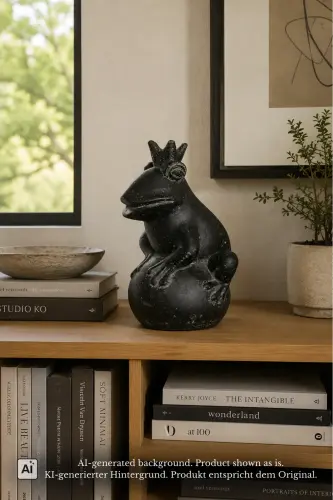 Product image of the product “Frog Prince sitting on ball, approx. 30cm height, cast stone, hollow, handcrafted & coloured ”